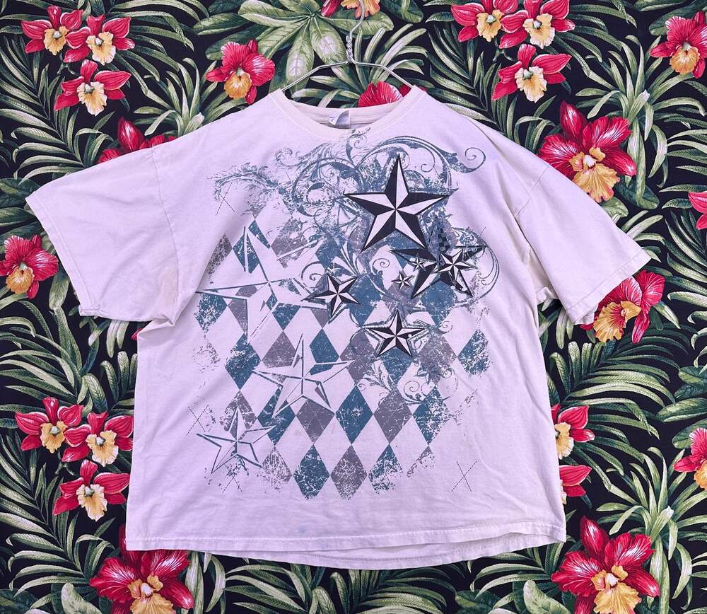 VTG Y2K Cyber Star Blue Design White Tshirt Size 2XL
